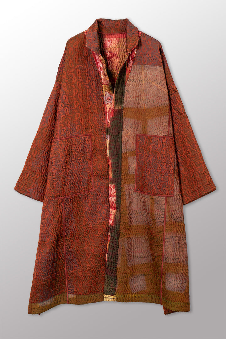 VINTAGE PRINTED SILK CLAMP DYE WITH JACQUARD KANTHA NEW OVERSIZED COAT - sk4342-0004a -