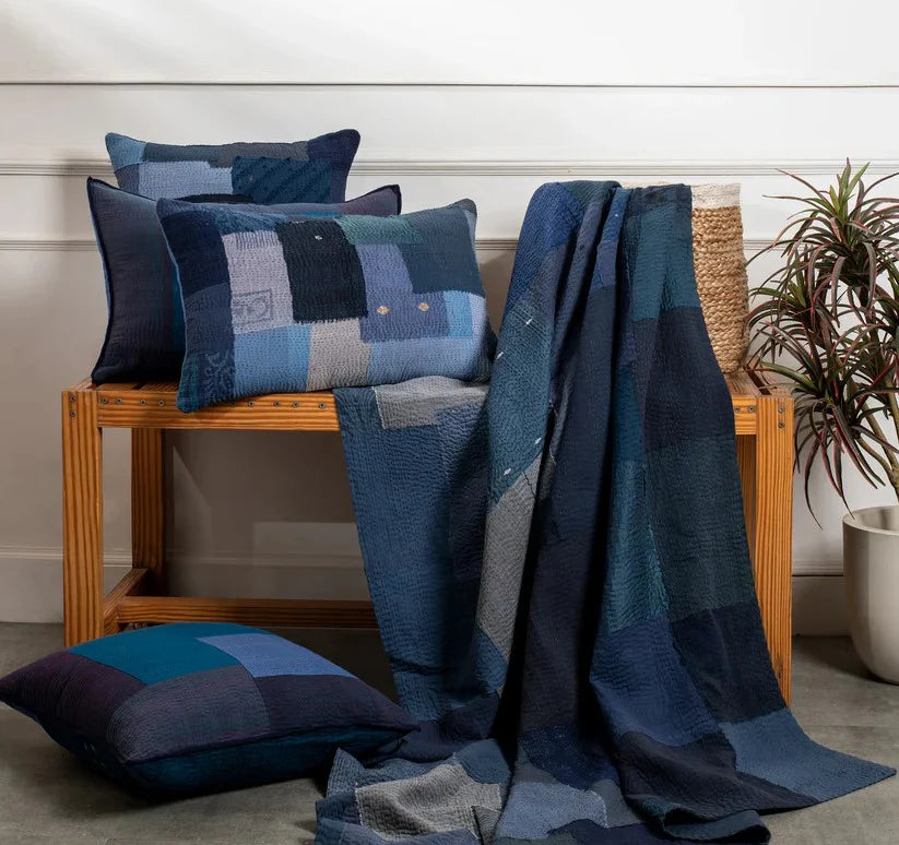 Landscape Fray Patch Vintage Kantha Quilts -Navy