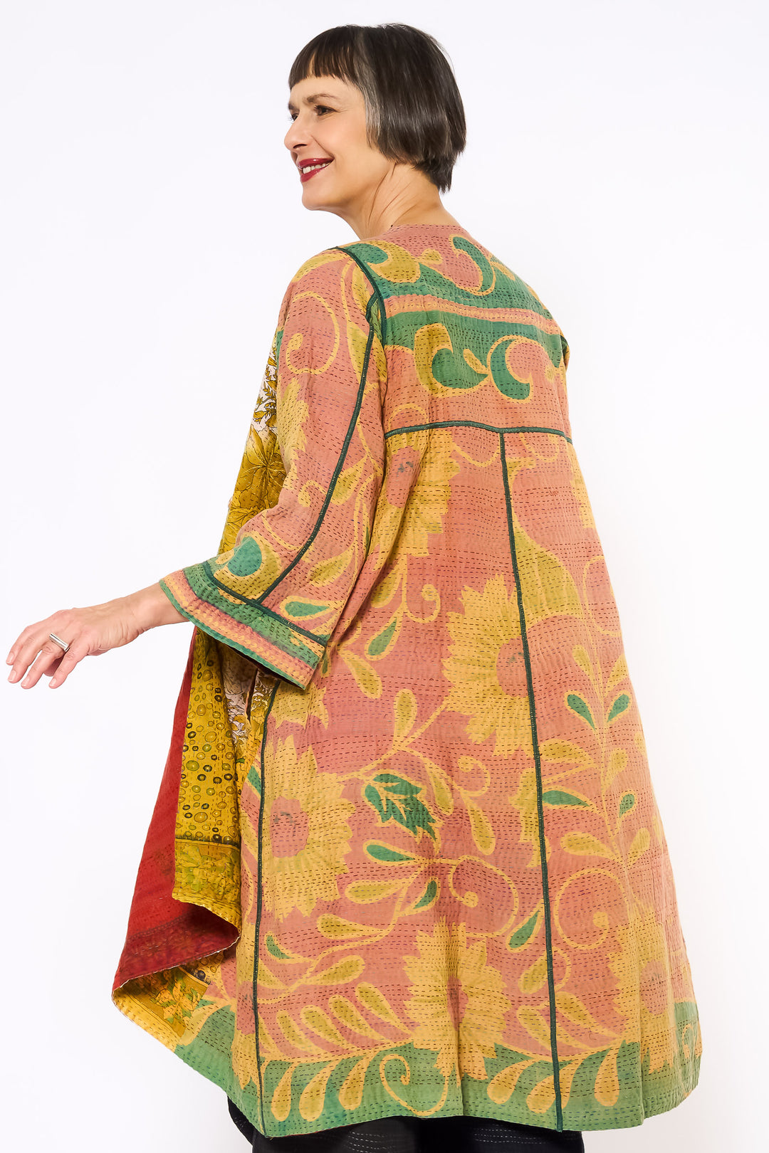 COTTON OVERDYE KANTHA WRAP FLARE COAT - ov2330-cred001a -