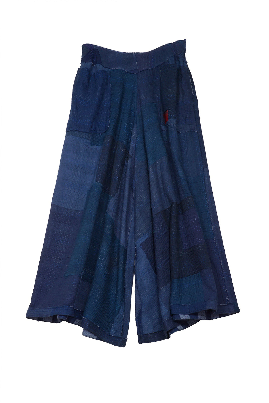 WOVEN STRIPE FRAYED PATCH BACK KANTHA WIDE LEG PANTS - wp2623-nvy -