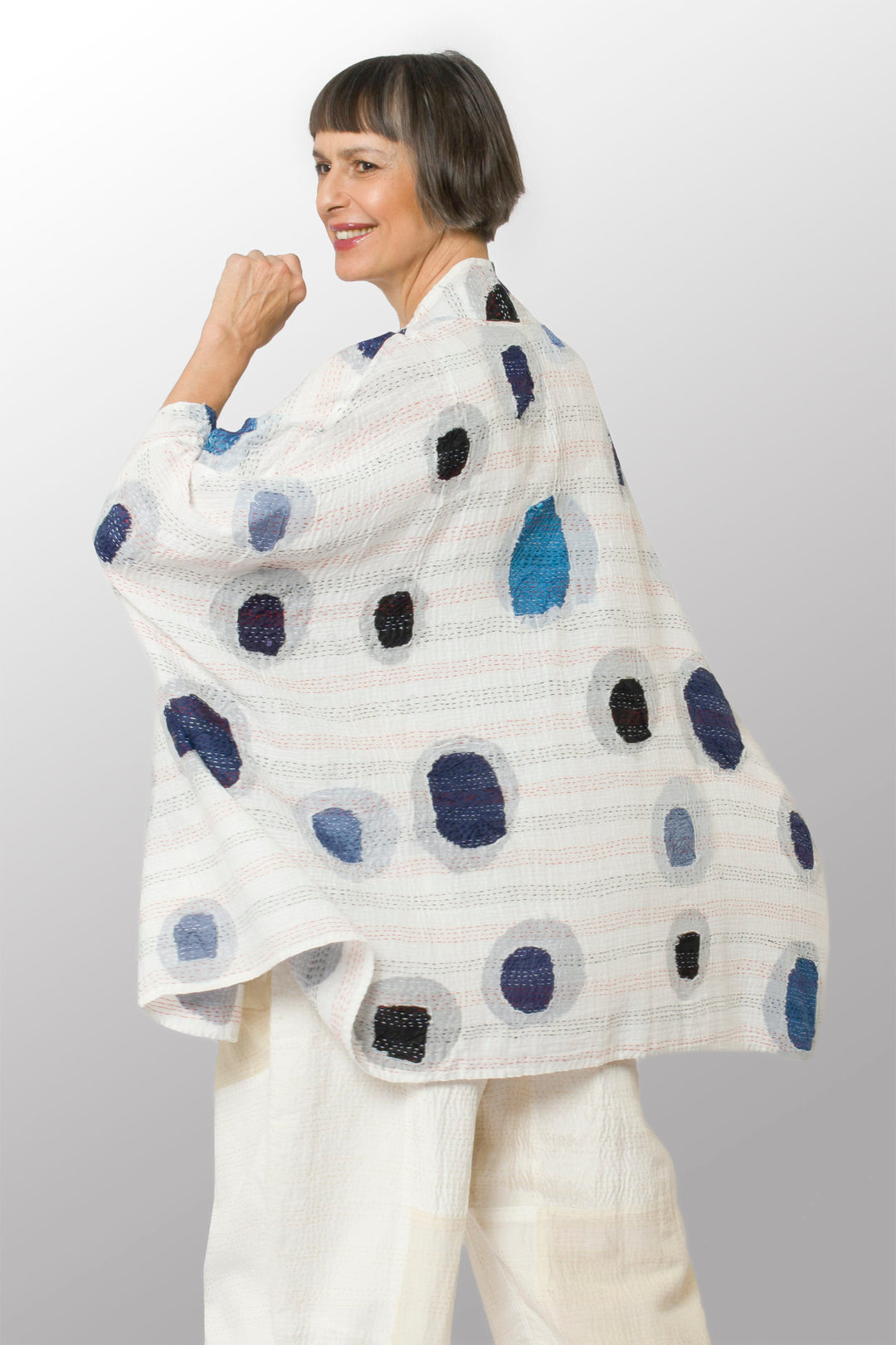 CUT OUT KANTHA DOUBLE COLLAR PONCHO - ck2323-wht -