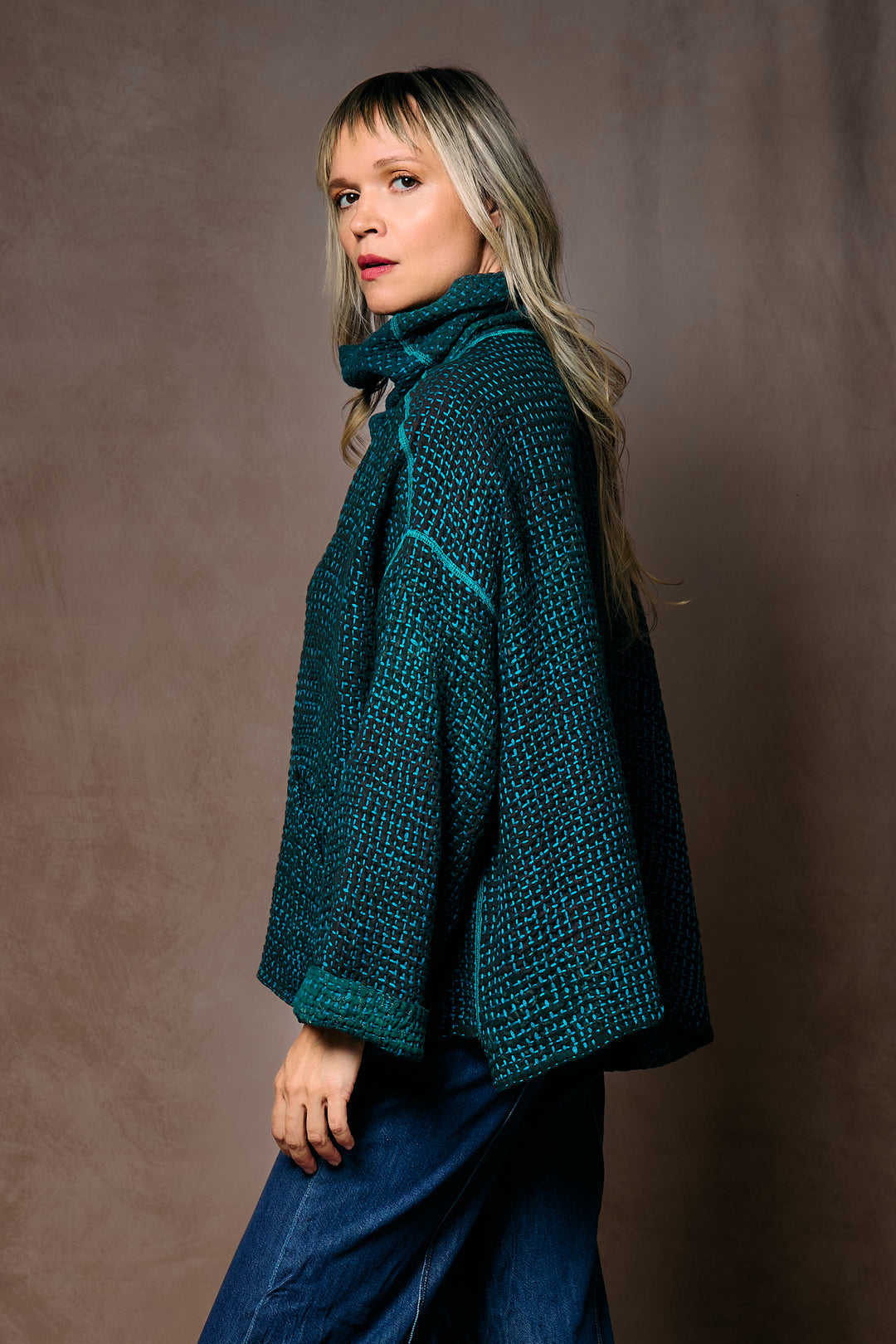 WOOL WAFFLE KANTHA NEW COWL NECK PONCHO - ww3083-tel -