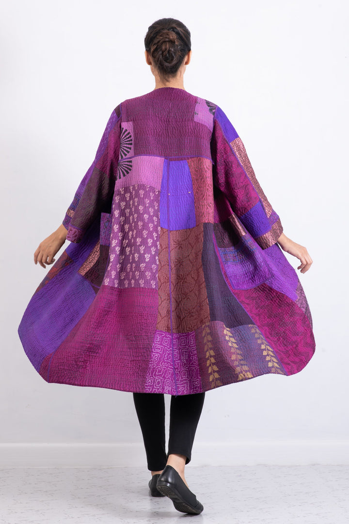 JACQUARD SILK KANTHA WRAP FLARE COAT - js4330-prp -
