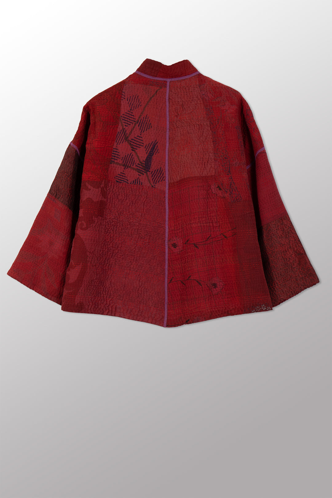 GEORGETTE JACQUARD VINTAGE SILK PATCH KANTHA STAND COLLAR CROPPED JACKET - gj4034-red -
