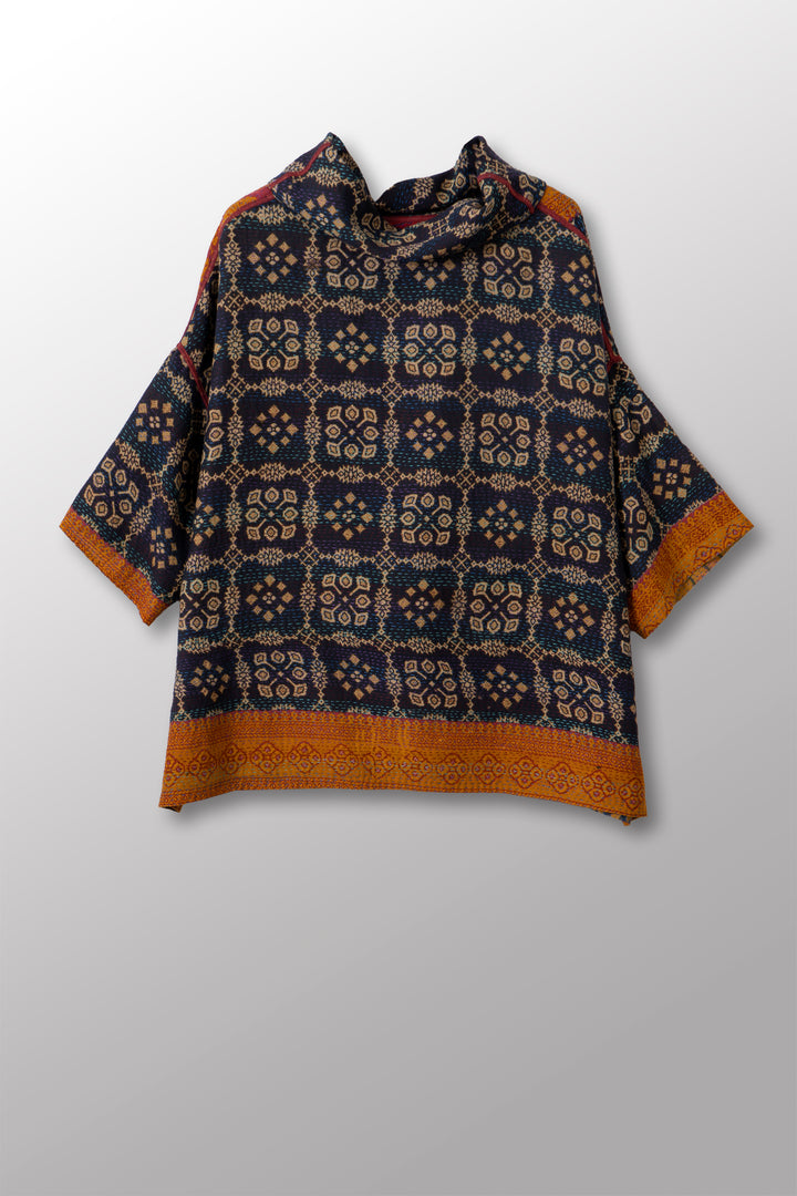 VINTAGE SILK GEORGETTE COTTON KANTHA COWL NECK PONCHO - gc2061-0001a -