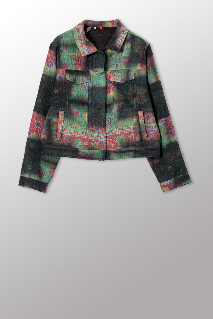 VINTAGE COTTON GREY CLAMP TIE DYE KANTHA TRUCKR JACKET - su4091-0001m -