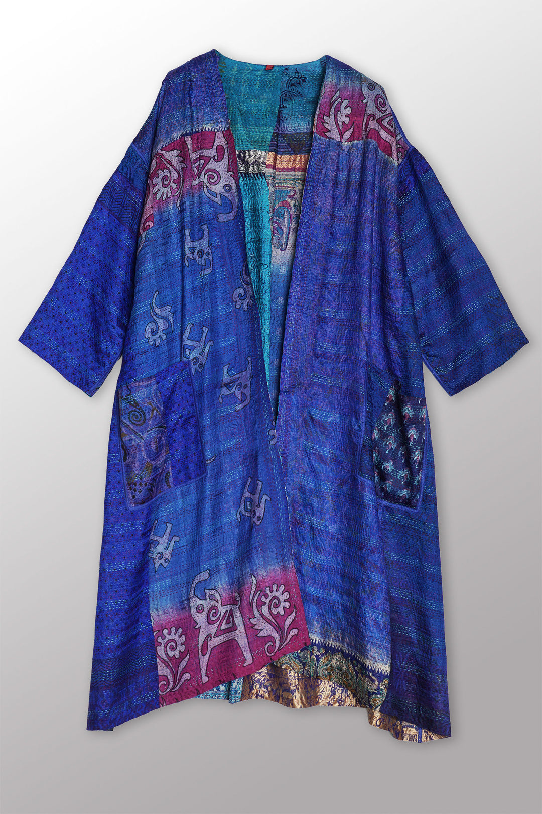 VINTAGE SILK KANTHA LONG DUSTER - sv2328-0006a -