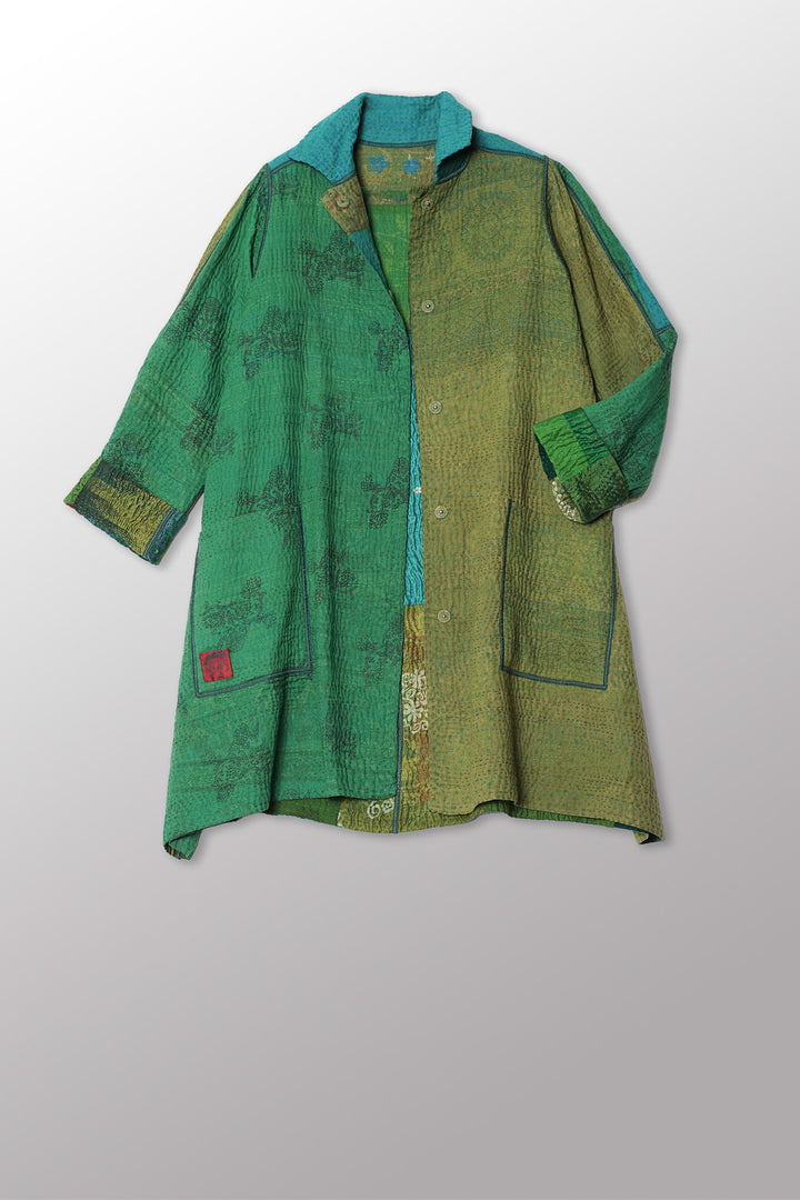 VINTAGE SILK KANTHA A-LINE DUSTER - sv4311-sgr -