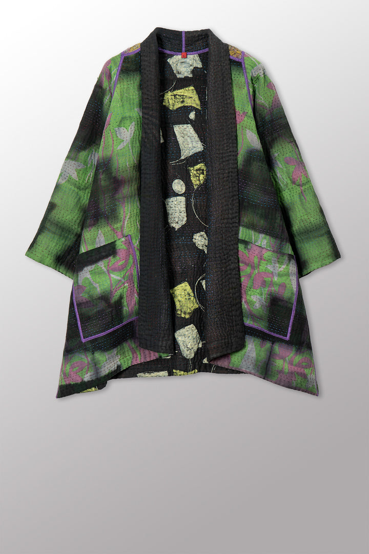 VINTAGE COTTON GREY CLAMP TIE DYE KANTHA A-LINE JACKET - su4003-0003s -
