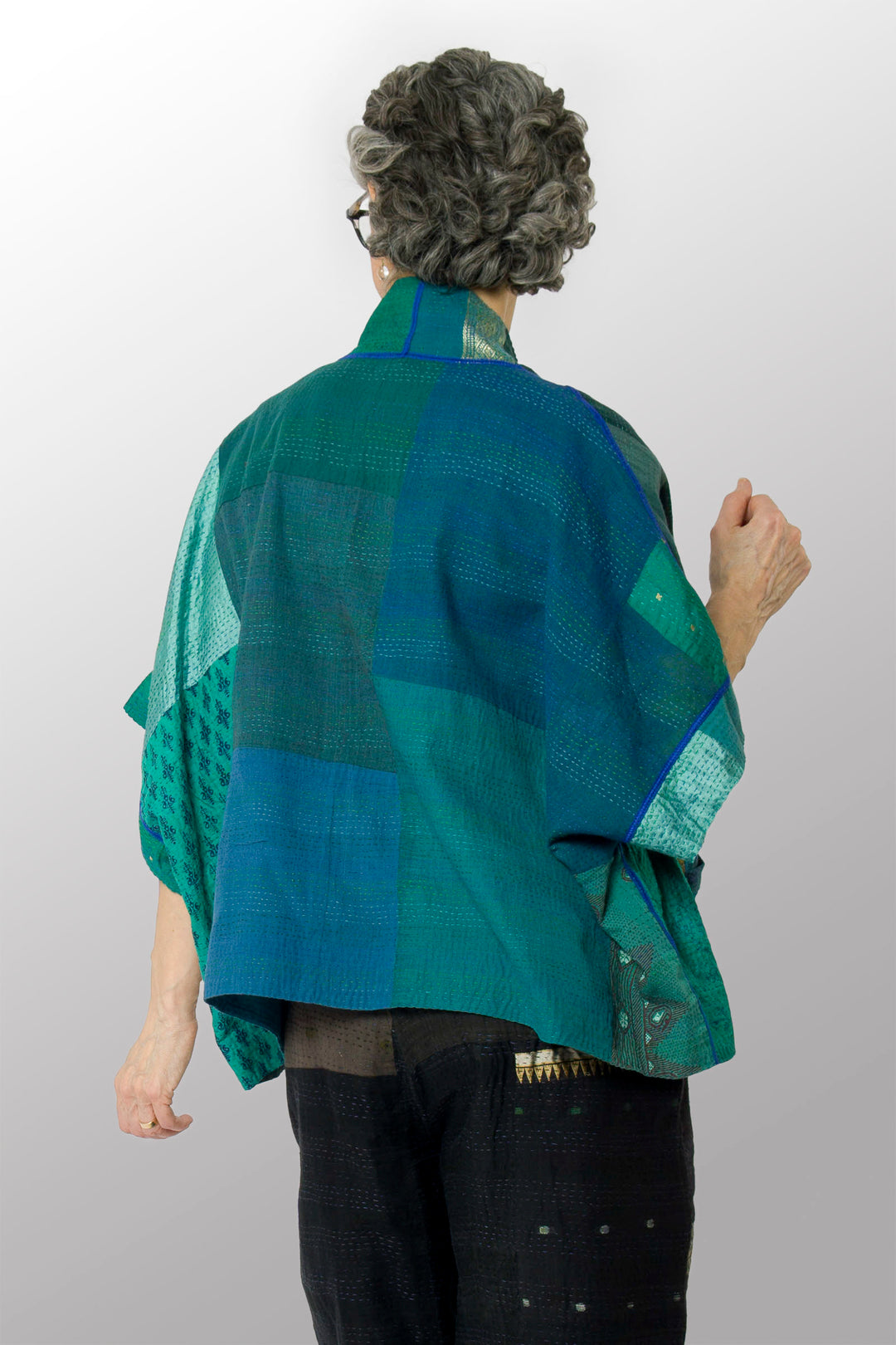 COTTON SILK SW PATCH KANTHA MINI PONCHO - ws2060-tel -
