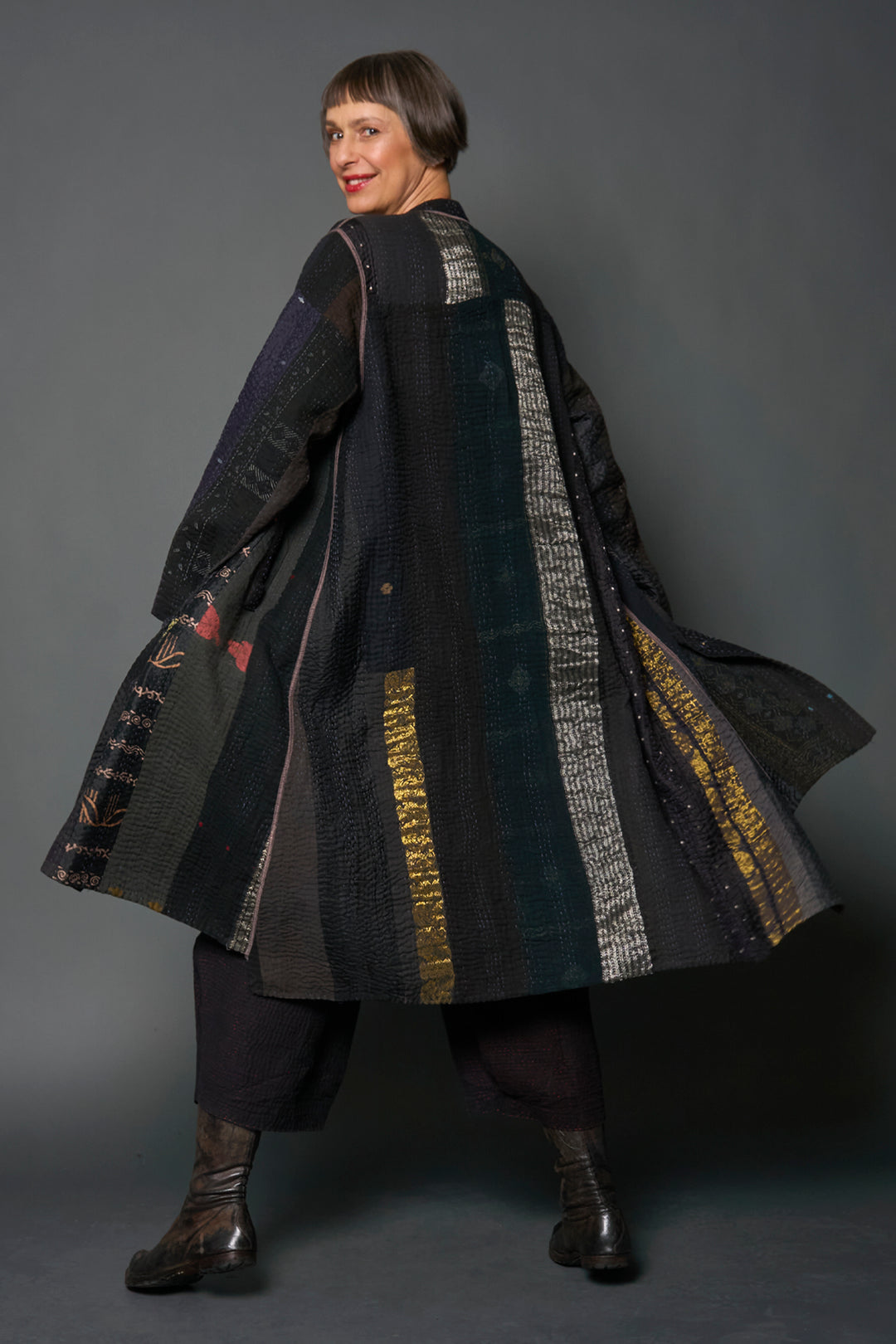 JEWEL WOVEN WITH VERTICAL PATCH KANTHA KAFTAN COAT - jv4343-blk -