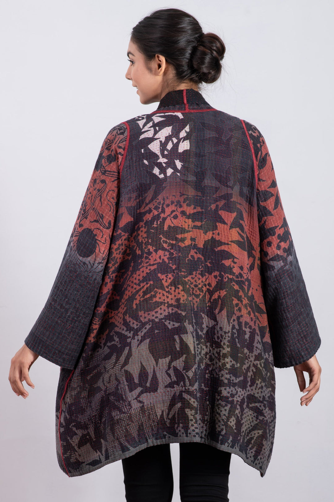MONOTONE TWILIGHT PRINT KANTHA A-LINE JKT - tp4003-red -
