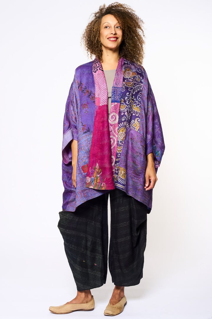 VINTAGE SILK KANTHA DOUBLE COLLAR PONCHO - sv2323-0022a -