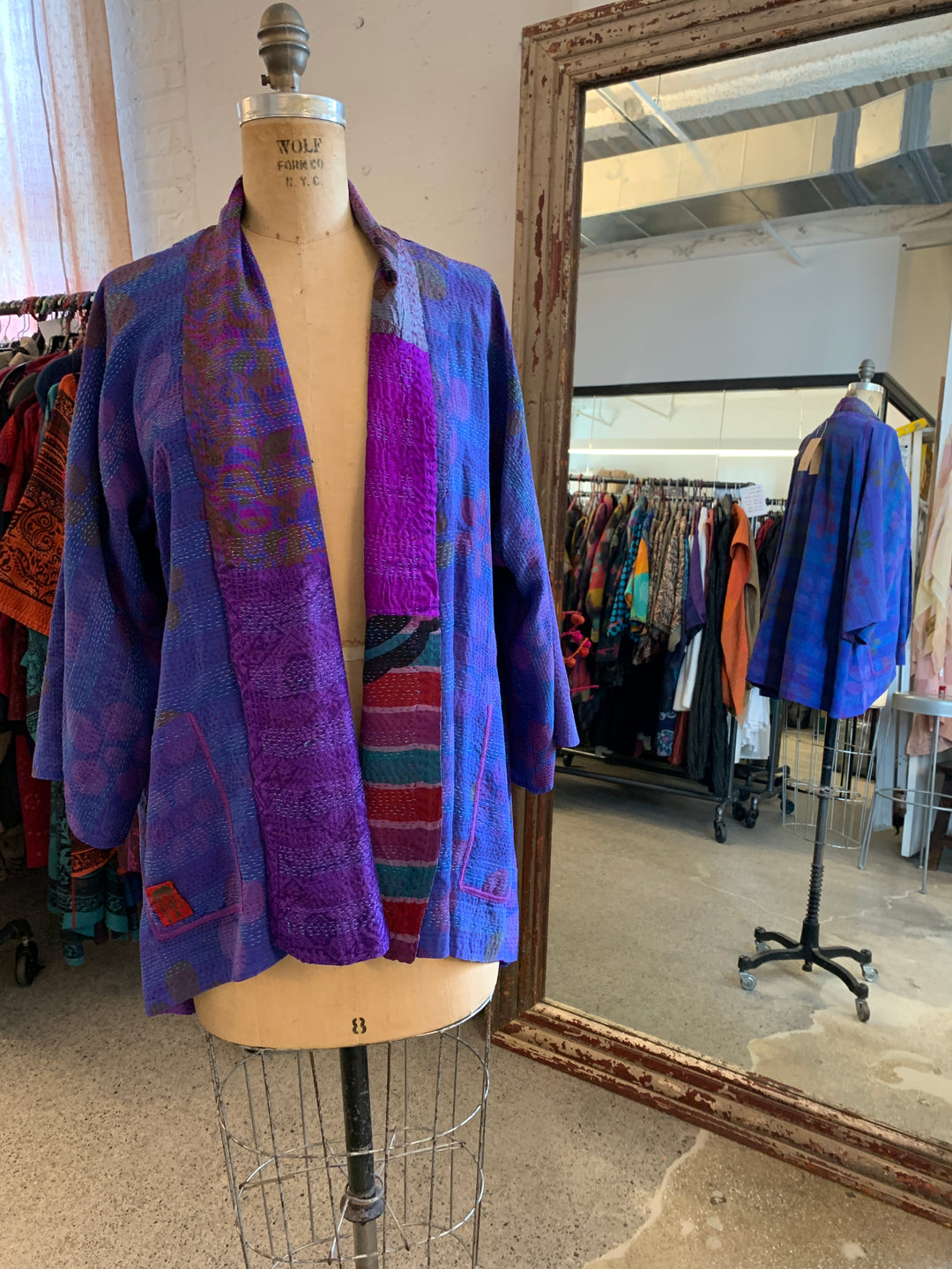 GEORGETTE VINTAGE SILK PATCH KANTHA KIMONO JACKET - gs2004-prp -