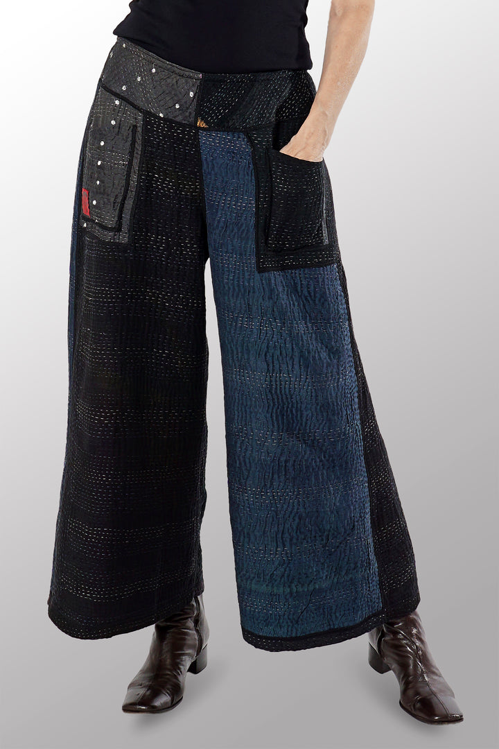 JAIPUR PATCH KANTHA MID RISE WIDE LEG PANTS - jp4665-blk -