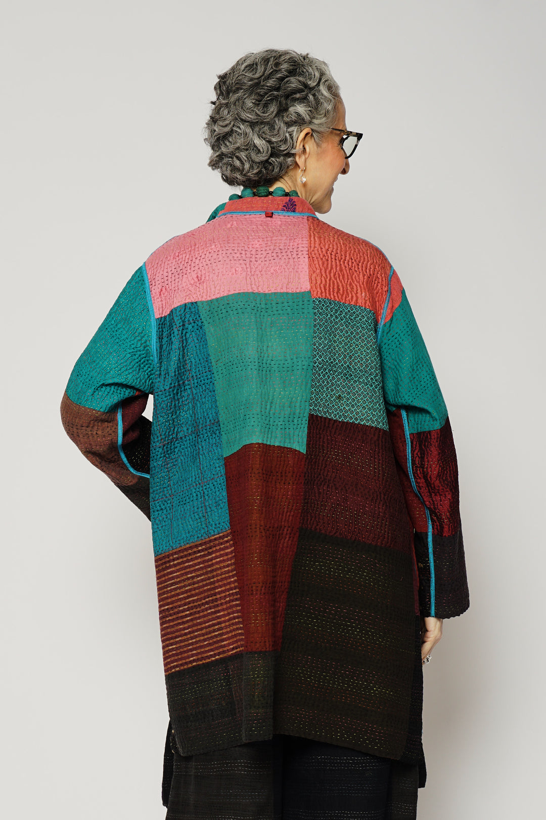 BAGH PRINT KANTHA KAFTAN JACKET MEDIUM - bg4089-brn -