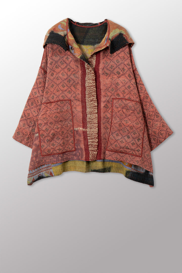 VINTAGE COTTON GREY CLAMP TIE DYE KANTHA HOODIE PONCHO - su4064-0001a -