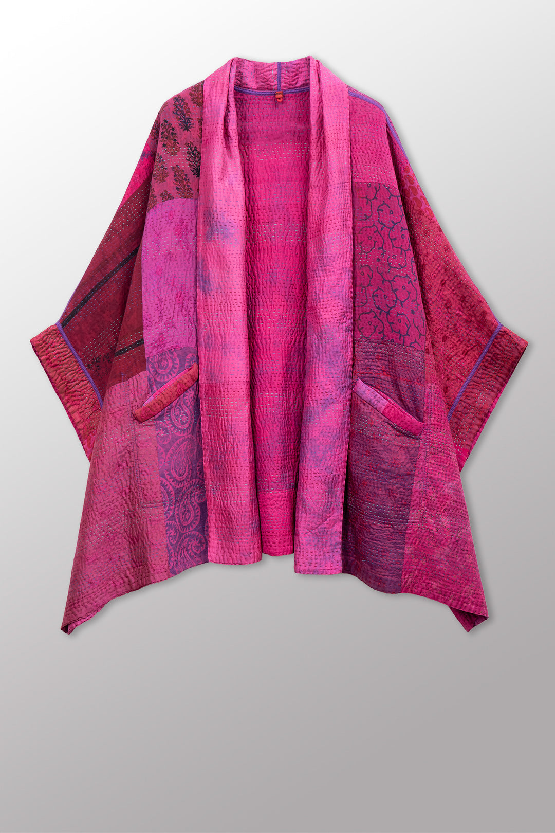GEORGETTE JACQUARD VINTAGE SILK PATCH KANTHA DOUBLE COLLAR PONCHO - gj4323-pik -