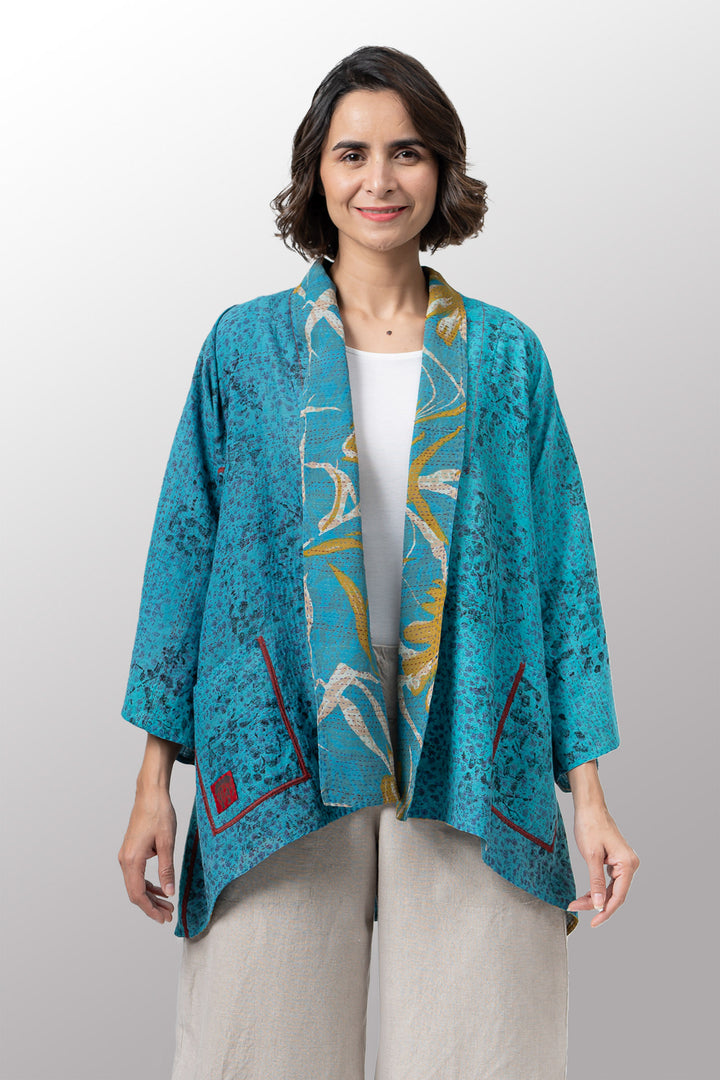 VINTAGE SILK GEORGETTE COTTON KANTHA KIMONO JKT - gc2004-0007a -