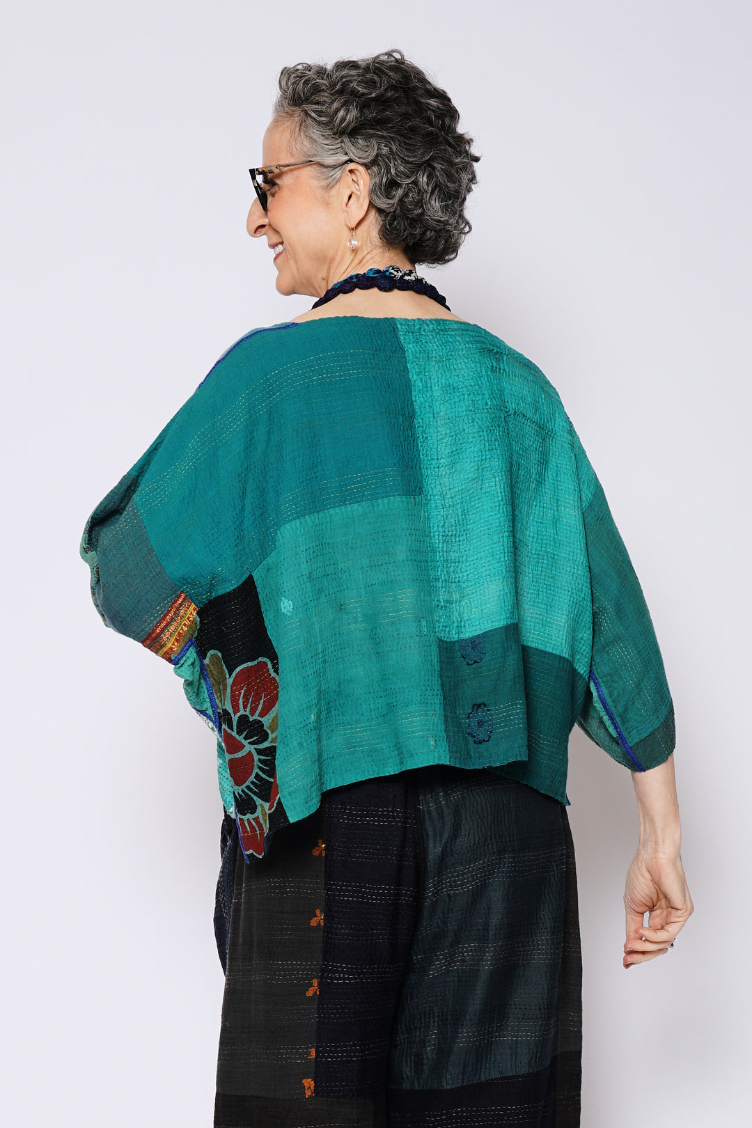 COTTON SILK SW PATCH KANTHA 3/4 SLV. CROP TOP - ws2528-tel -