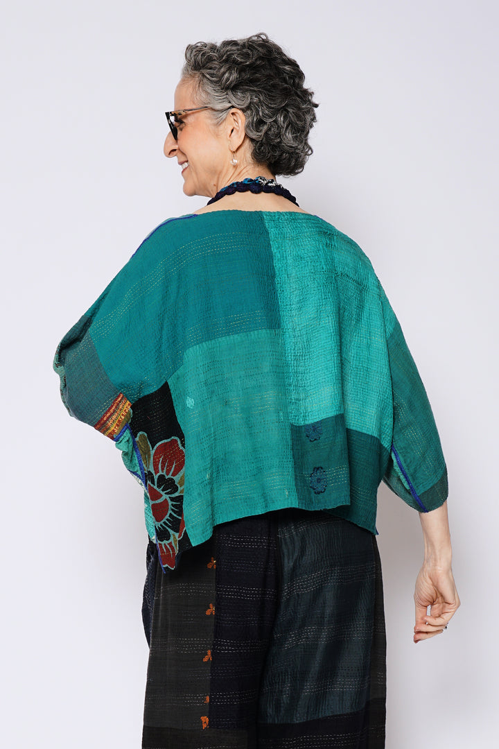 COTTON SILK SW PATCH KANTHA 3/4 SLV. CROP TOP - ws2528-tel -