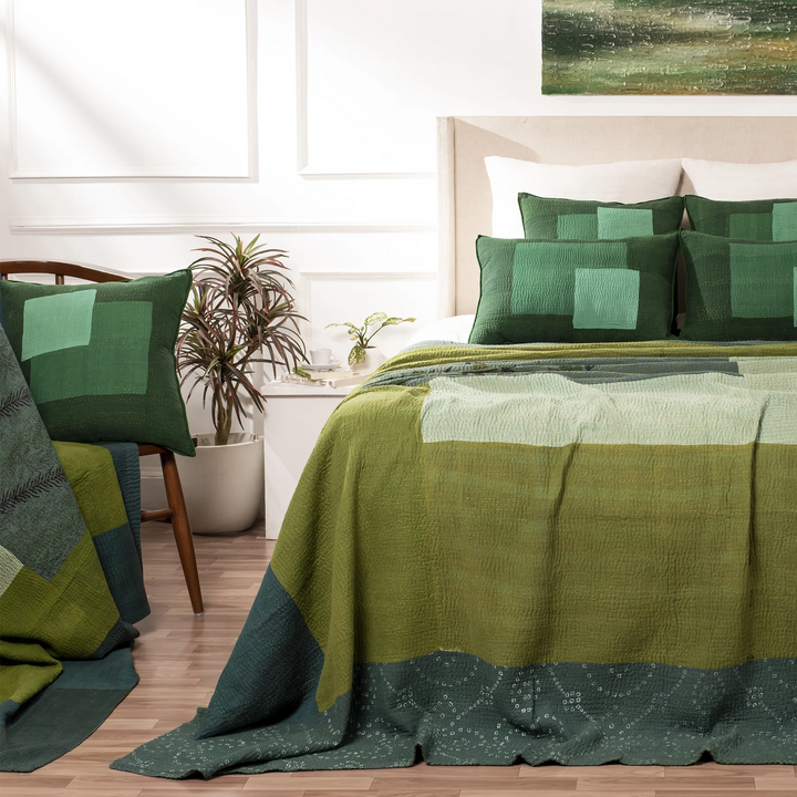 Landscape Handmade Vintage Kantha Bedcover  -Green -