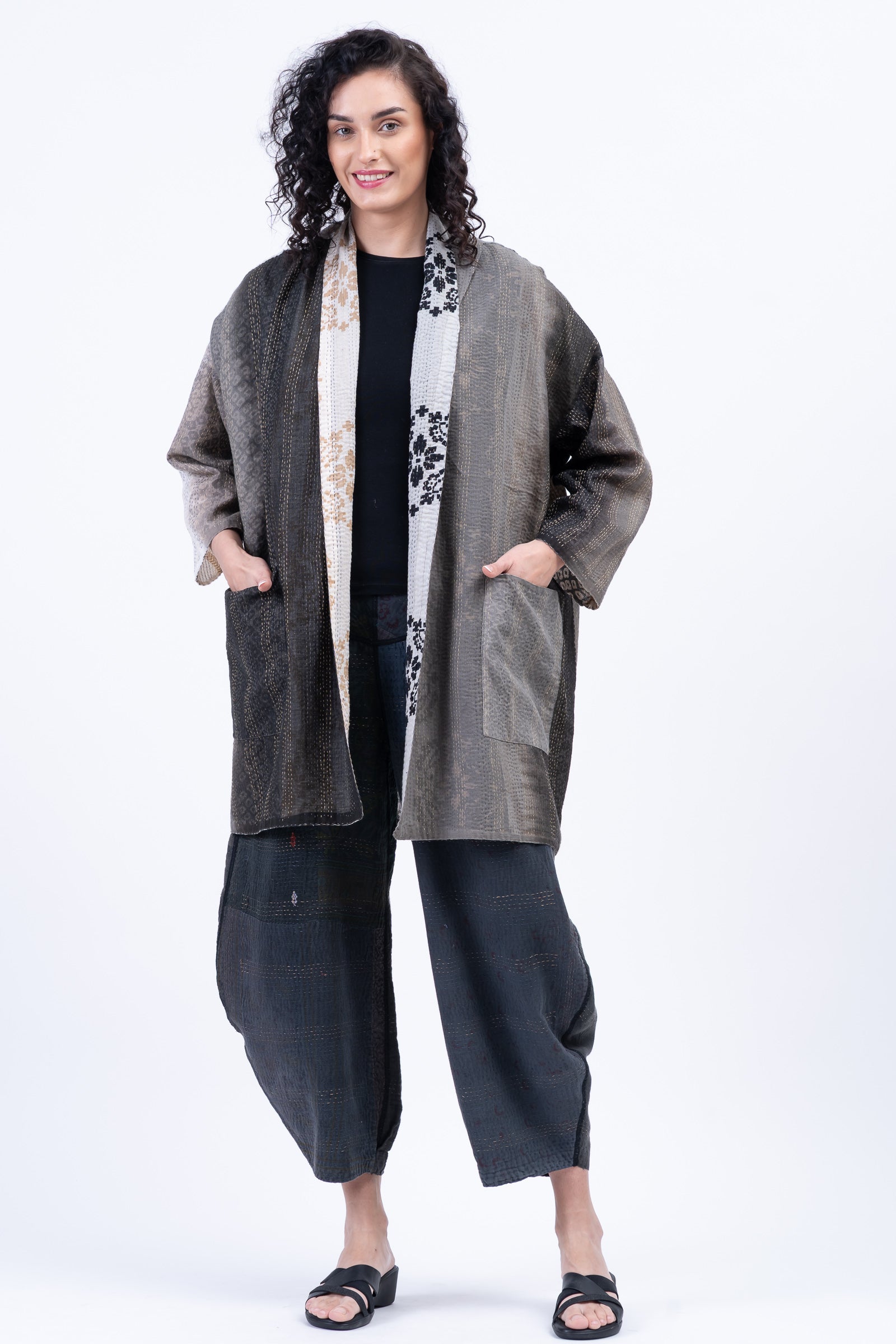 KIMONO COTTON KANTHA HAORI JACKET - kc2068-gry - – Mieko Mintz US