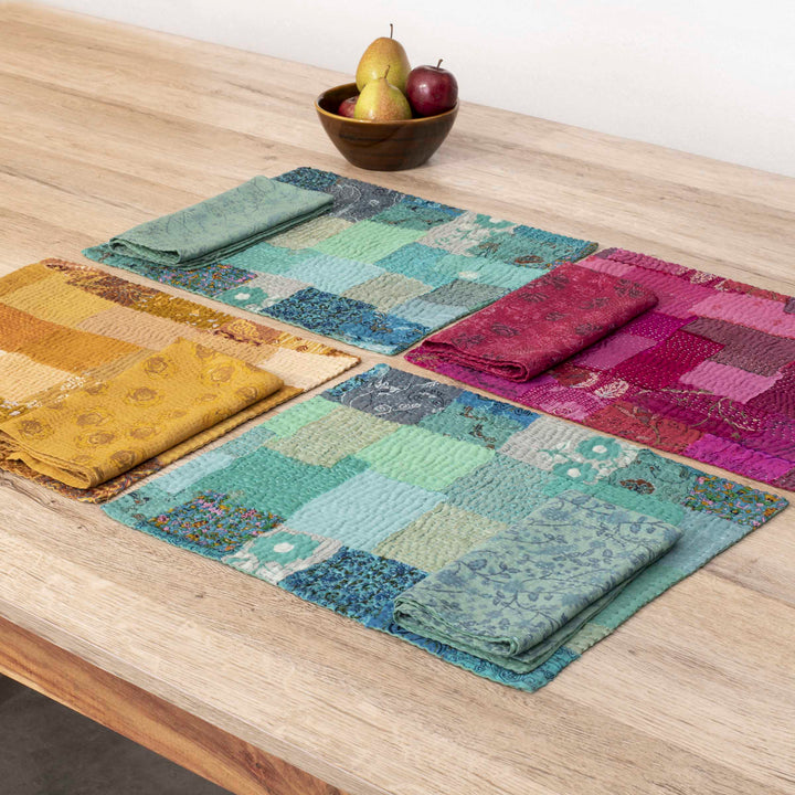 Printed Fray Vintage Cotton Kantha Placemats -Sage (Set of 2)