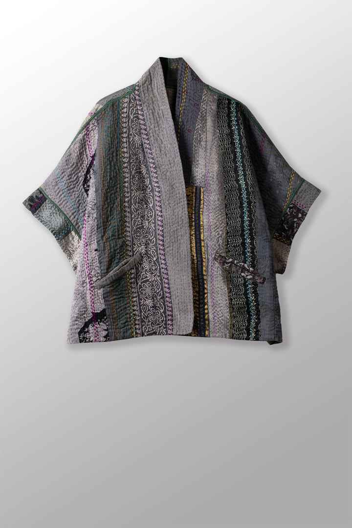 JEWEL WOVEN WITH VERTICAL PATCH KANTHA MINI PONCHO - jv4060-gry -