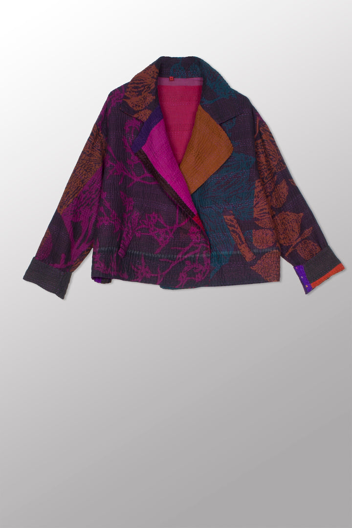 NIGHT FLOWERS KANTHA LAPELED SHORT JACKET - nl4081-prp -