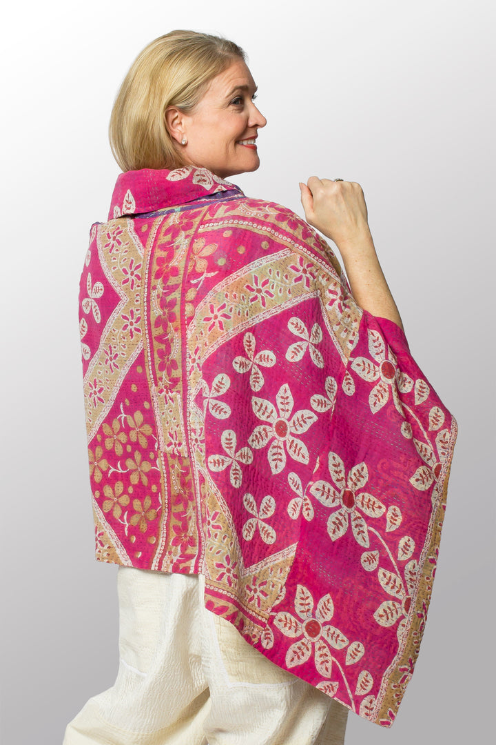 VINTAGE COTTON KANTHA COWL NECK LONG CAPE - cv2842-0004a -