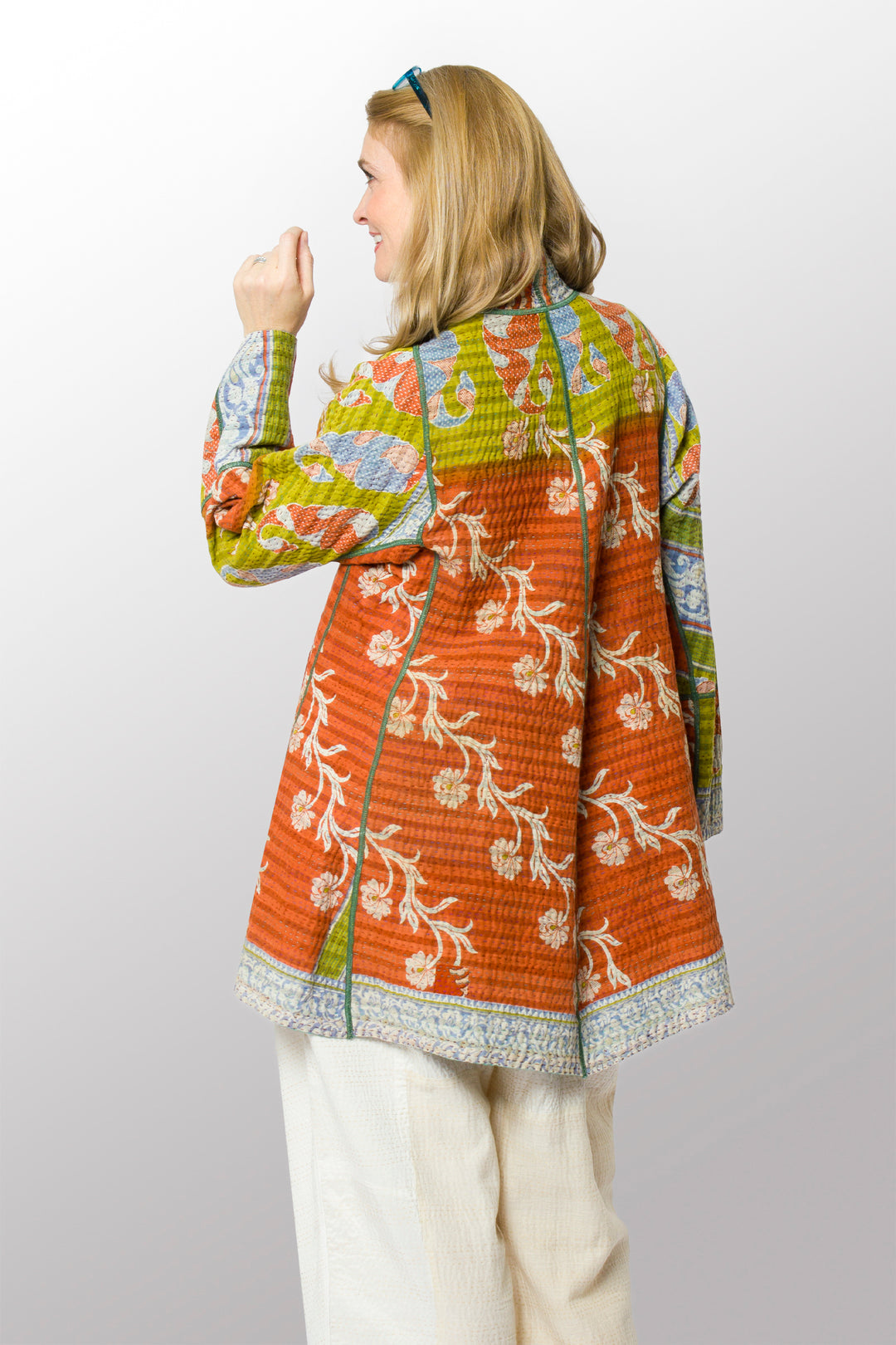 VINTAGE COTTON KANTHA FLARE LONG JACKET - cv4021-0055m -