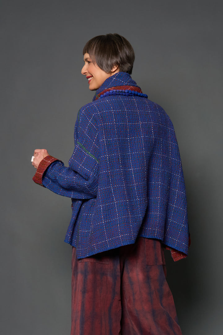 WOOL WAFFLE KANTHA NEW COWL NECK PONCHO - ww3083-blu -