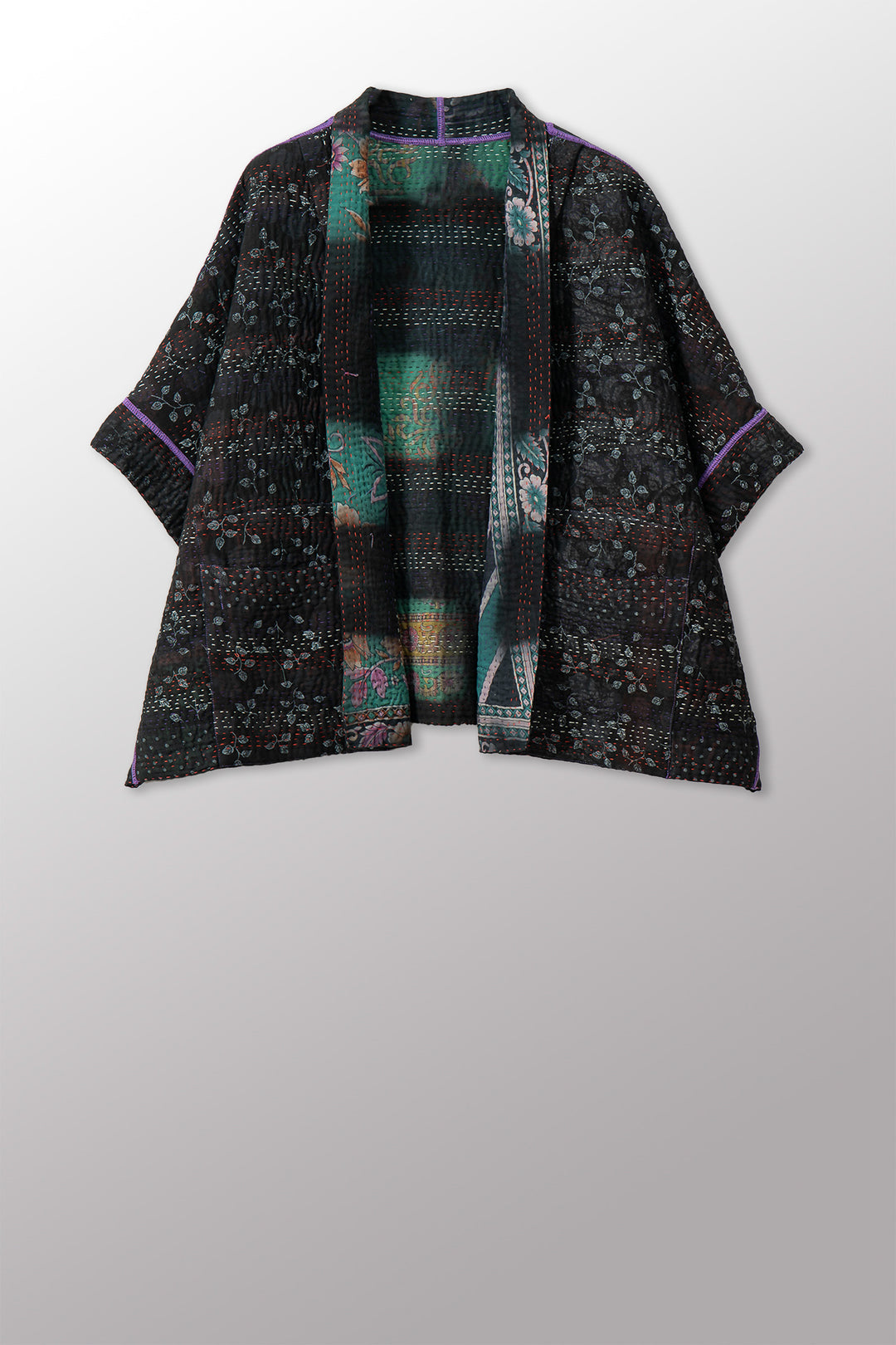 VINTAGE COTTON GREY CLAMP TIE DYE KANTHA MINI PONCHO - su4060-0001a -