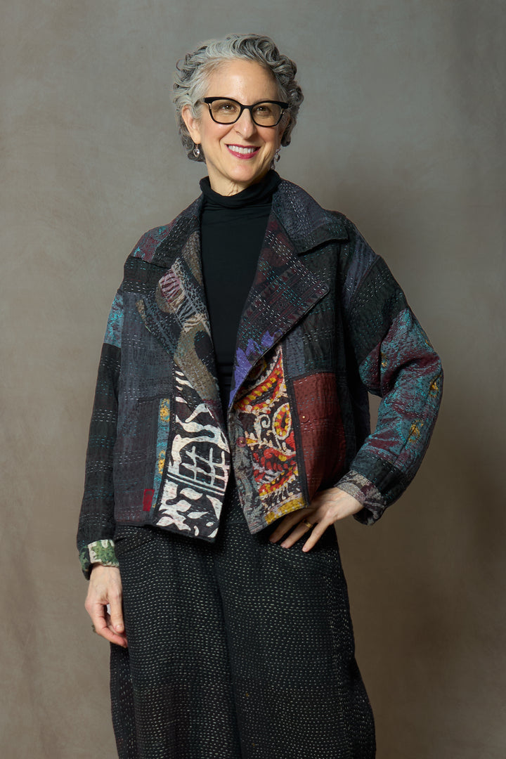 JACQUARD SILK KANTHA NEW LAPELED SHORT JACKET - js4j101-blk -