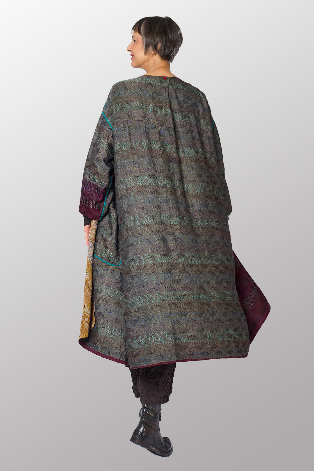 GEORGETTE JACQUARD VINTAGE SILK PATCH KANTHA LONG DUSTER - gj2328-0001a -