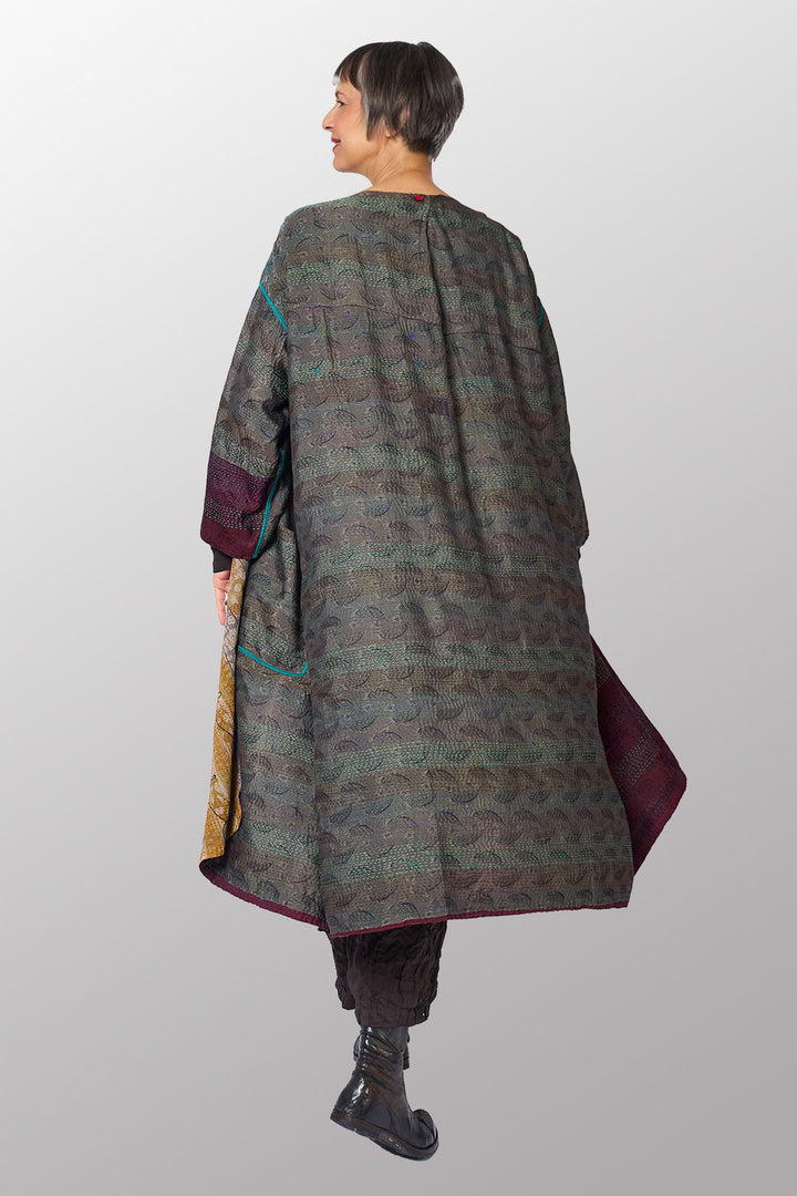 GEORGETTE JACQUARD VINTAGE SILK PATCH KANTHA LONG DUSTER - gj2328-0001a -