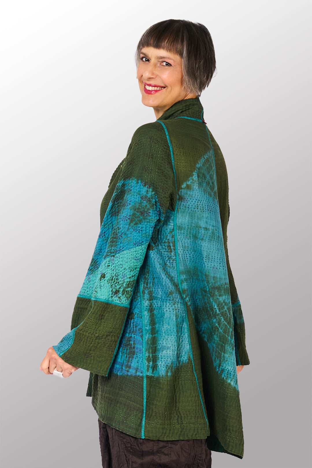 SHIBORI TIE DYE COTTON SILK SW PATCH KANTHA FLARE LONG JKT - st-ws4021-grn -