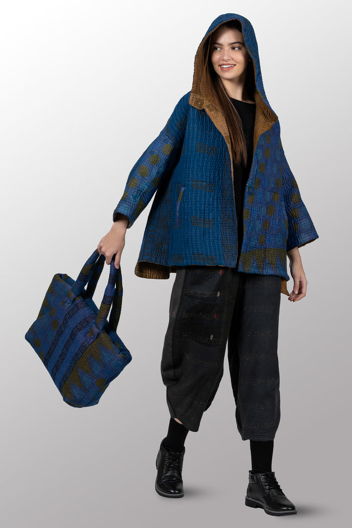 Quilted Overdye Cotton Kantha Wide Tote - mm-oq5869-cblu002a -