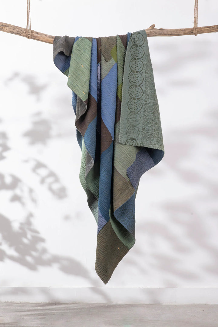 Ombre With Fray Handmade Vintage Kantha Throw -Avocado