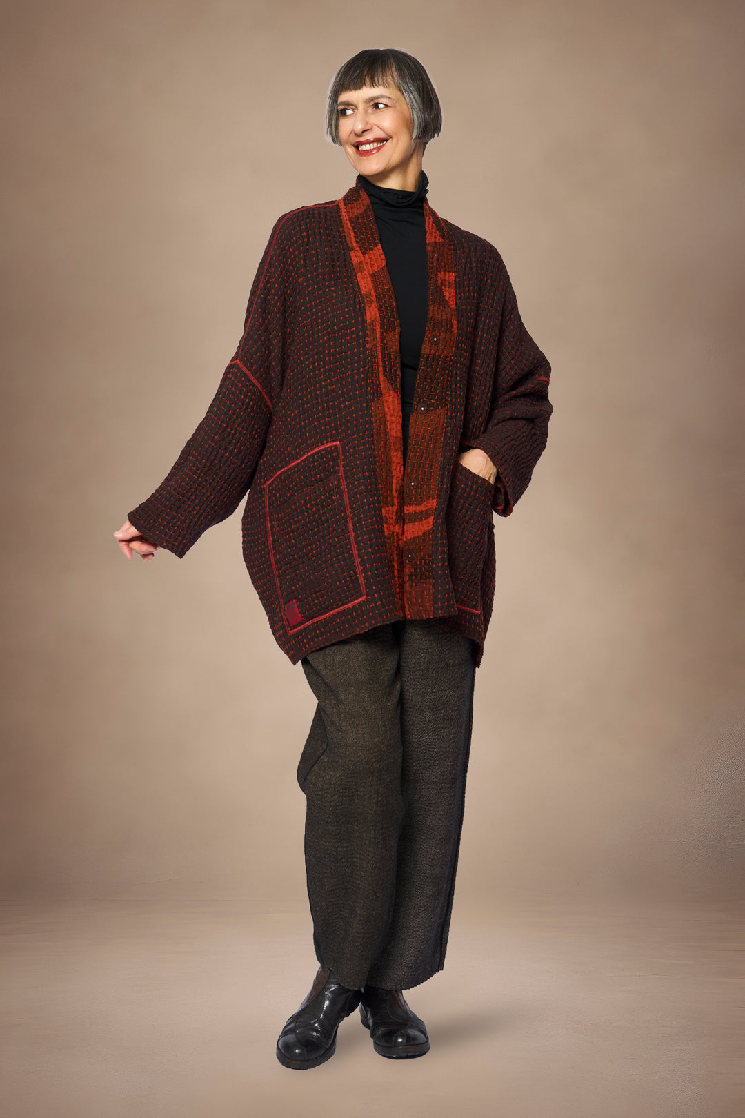 ABSTRACT WAFFLE KANTHA KIMONO WRAP SHORT - bw3358-org -