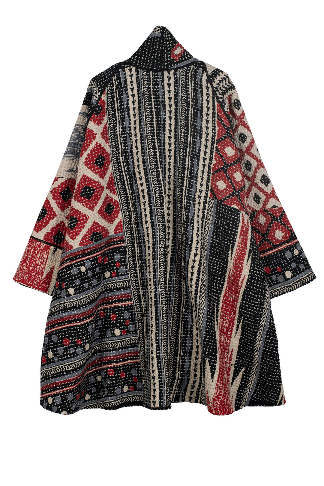 WAFFLE IKAT KANTHA KIMONO LONG JACKET - wi3005-red -