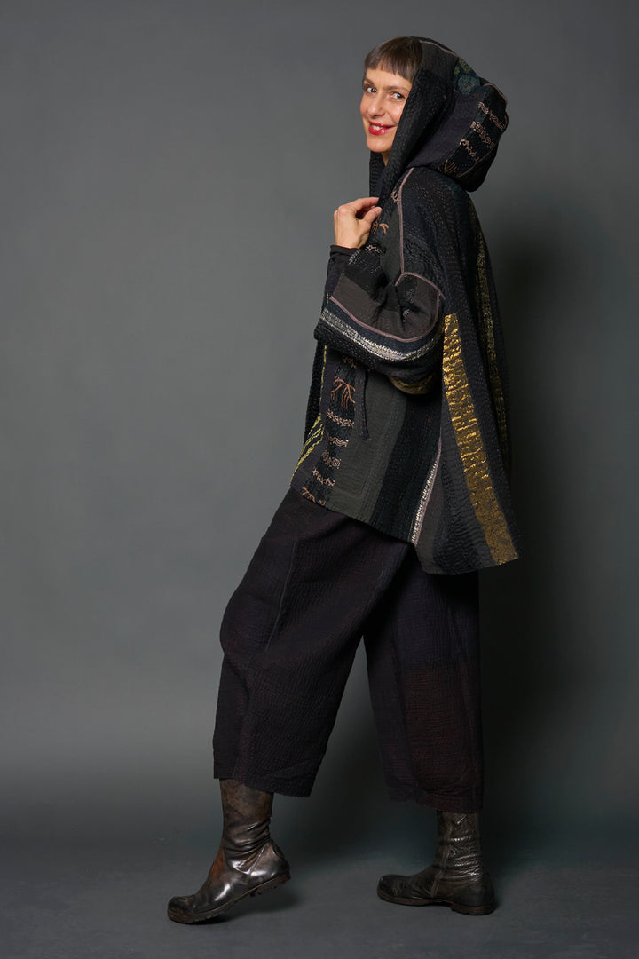 JEWEL WOVEN WITH VERTICAL PATCH KANTHA HOODIE PONCHO - jv4064-blk -