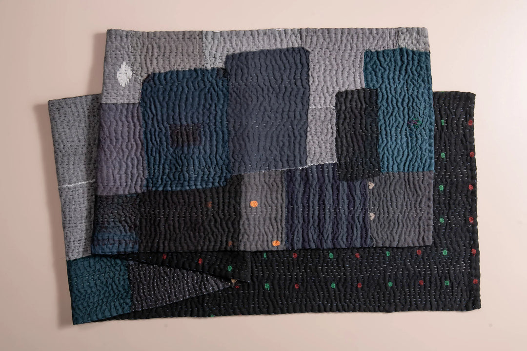 Landscape Fray Patch Vintage Kantha Runner -Black