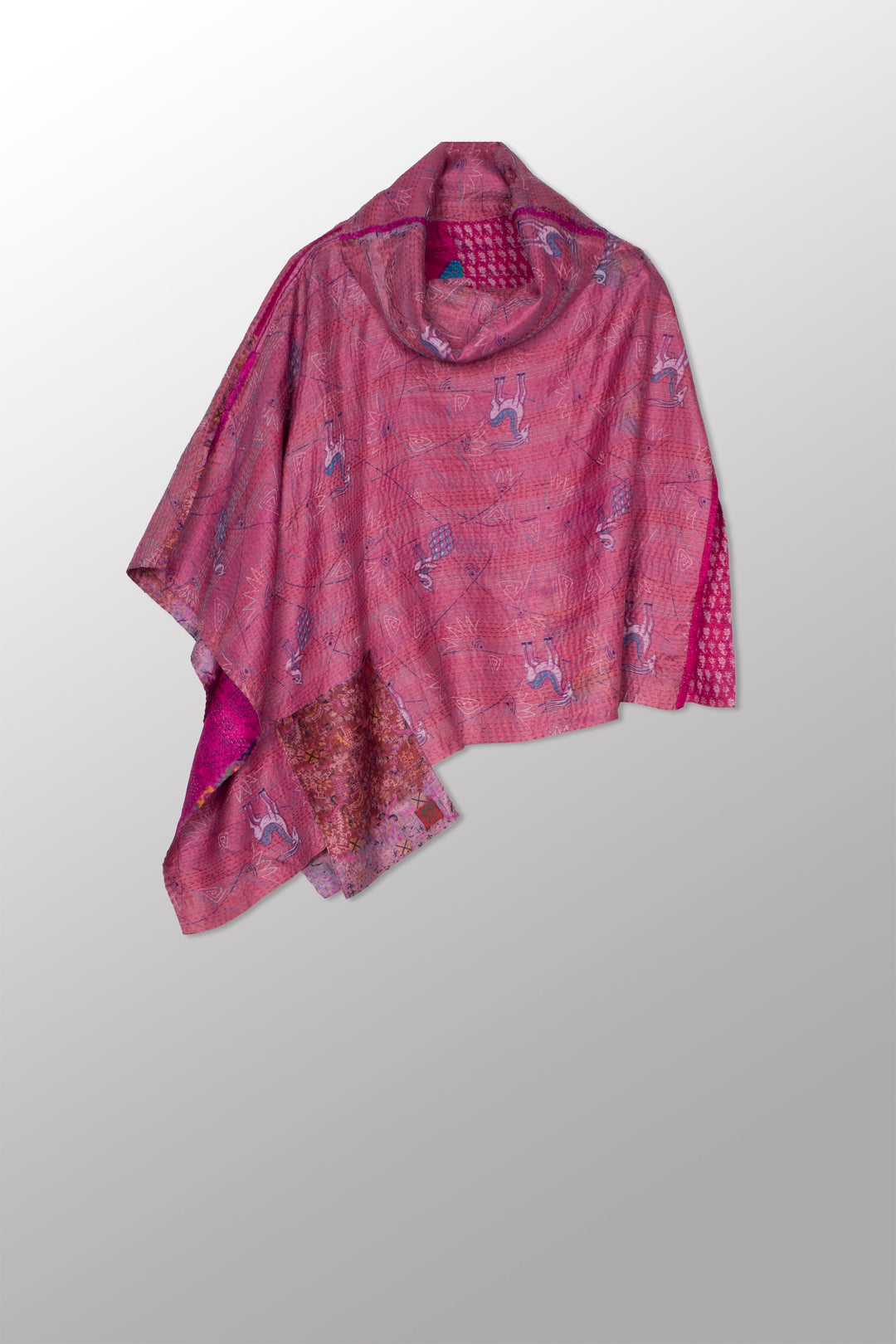 VINTAGE SILK KANTHA COWL NECK LONG CAPE - sv2842-mlt -