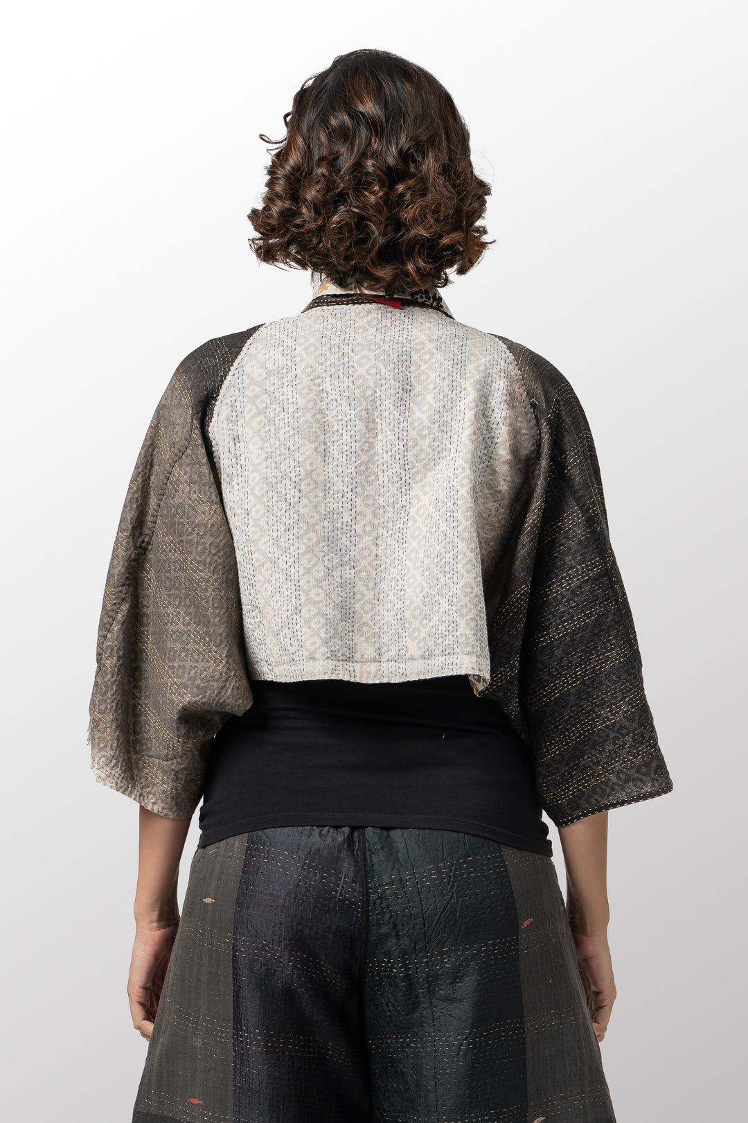 KIMONO COTTON KANTHA PUFF SLV. SHRUG - kc2062-gry -