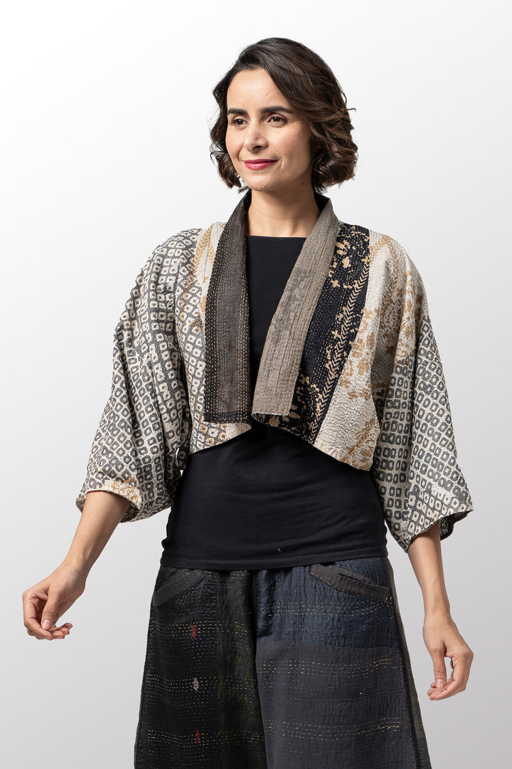 KIMONO COTTON KANTHA PUFF SLV. SHRUG - kc2062-gry -