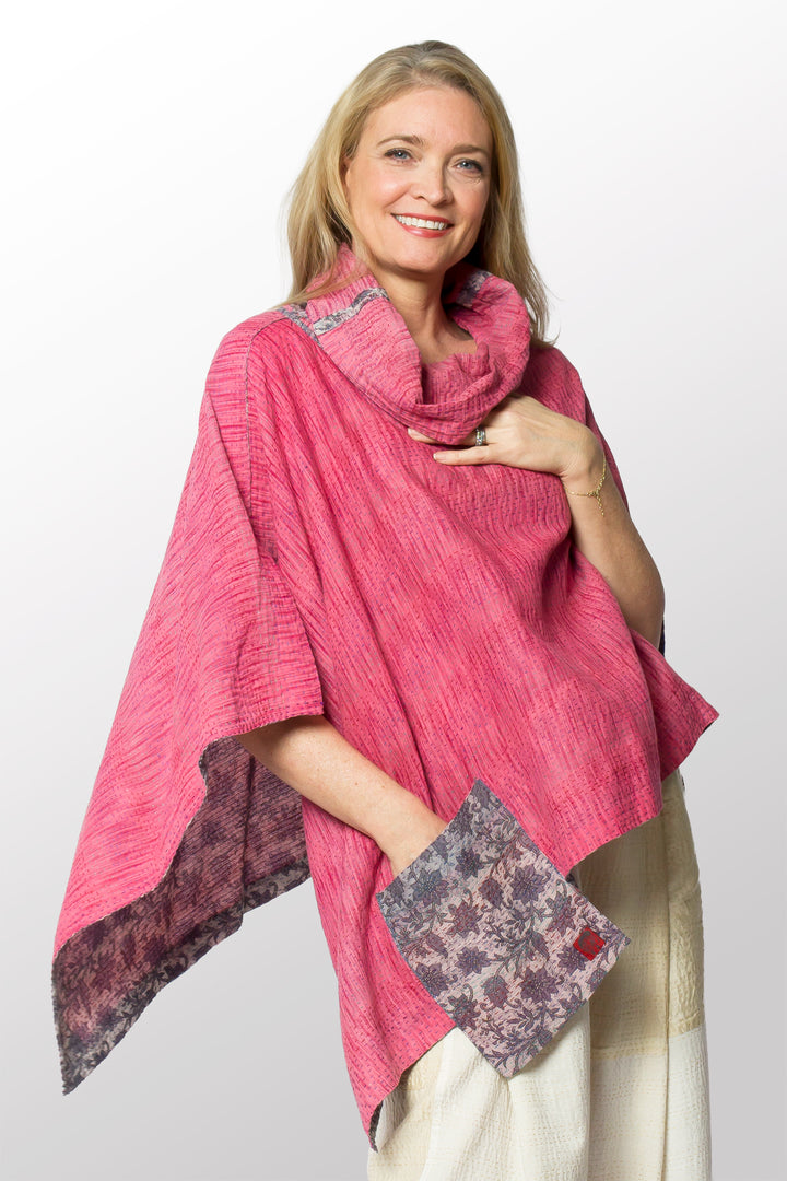 VINTAGE COTTON KANTHA COWL NECK LONG CAPE - cv2842-0003a -