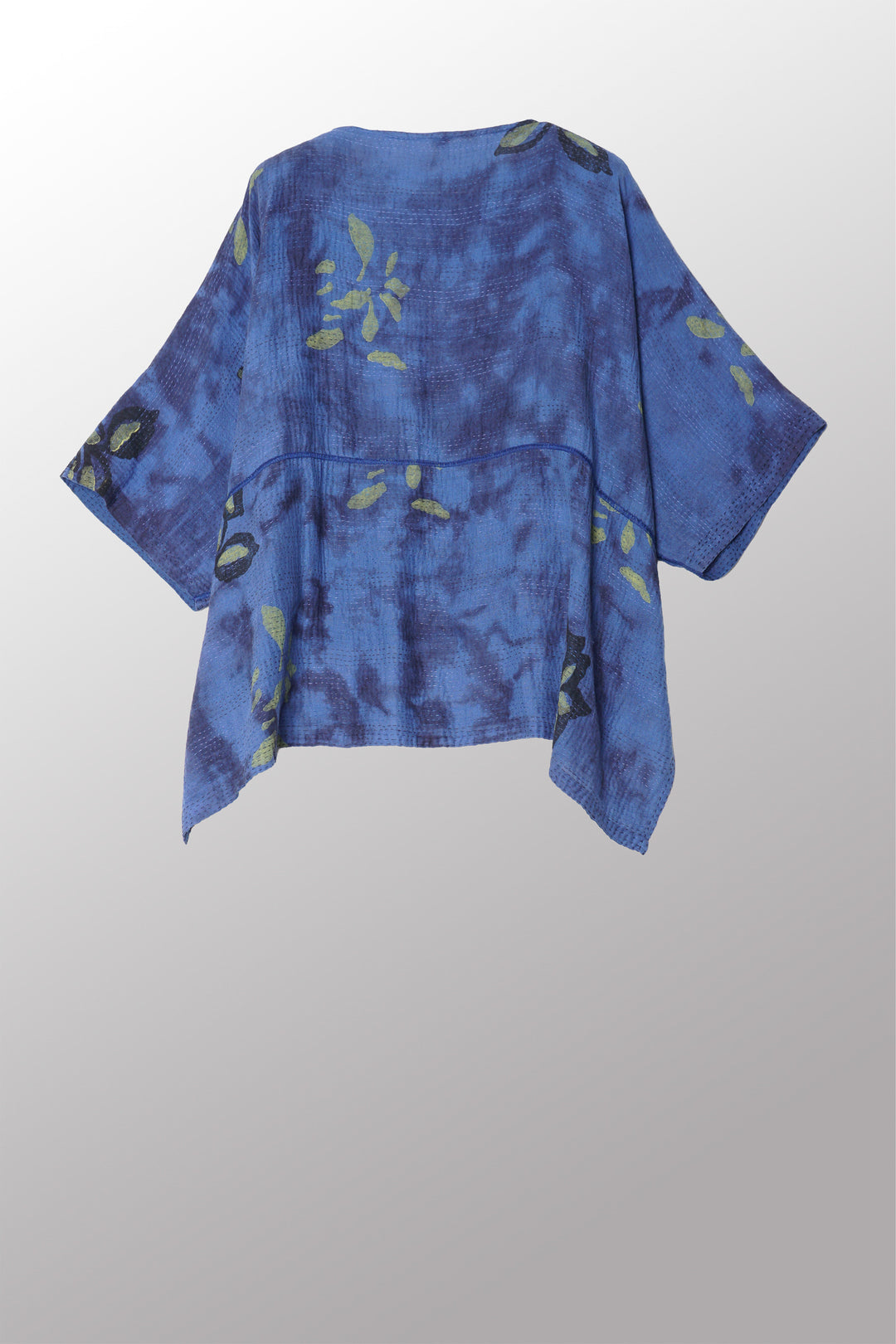 CLOUD TIE DYE FLORAL KANTHA CROPPED BOAT NECK DOLMAN TOP - uf2t105-blu -