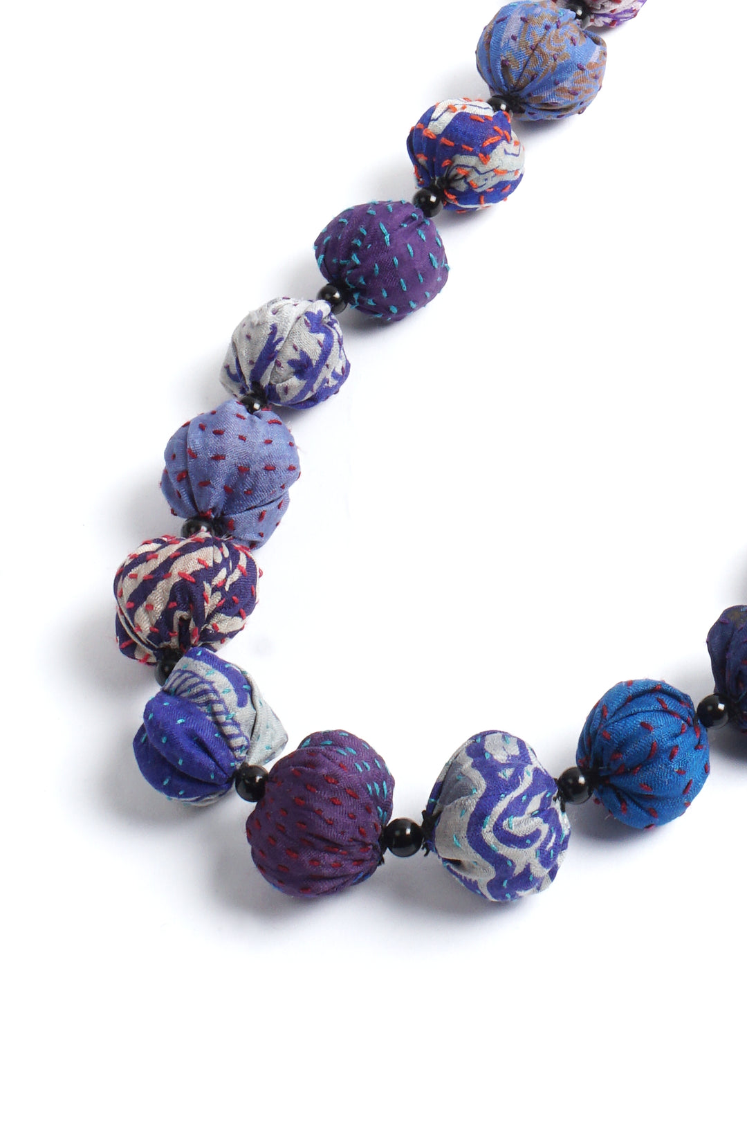 VINTAGE SILK KANTHA SMALL NUTS MEDIUM NECKLACE - sv2705-blu -